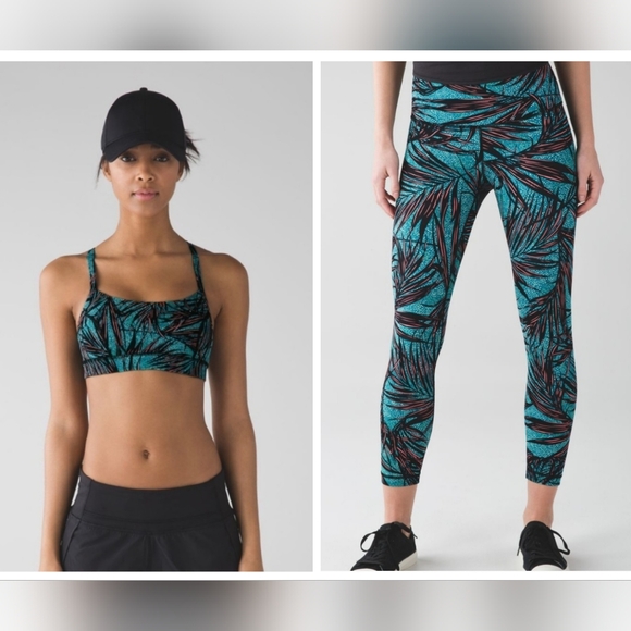 Lululemon Teal Inspire II Palm Lace‎ Tofino 7/8 Pants Size 6 Tights & Bra Set - Picture 1 of 8